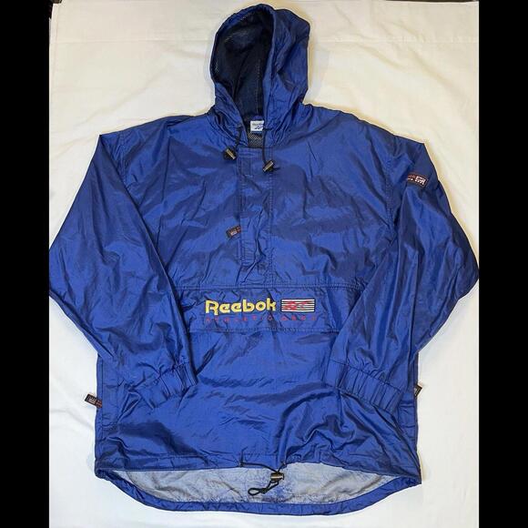 Reebok XL Windbreaker 1/4 Zip Roll-Up Hood Deep Blue 80s Style VTG‎ RARE - Picture 4 of 9